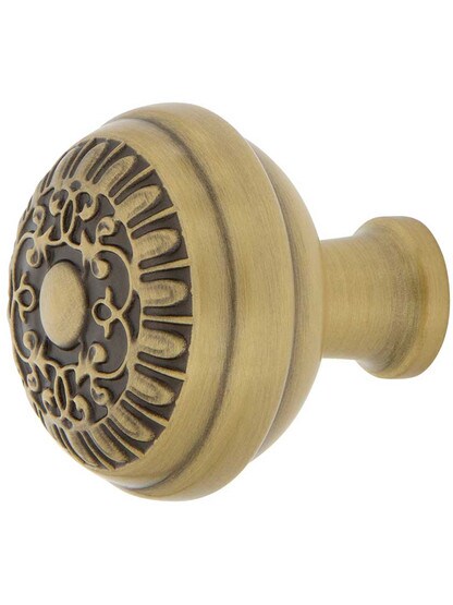 Egg and Dart Cabinet Knob - 1 3/8 inch Diameter in Antique Brass.